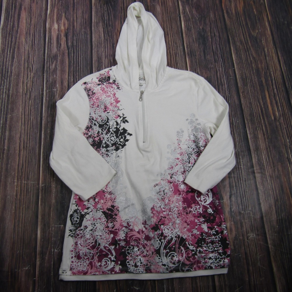 Style&co Sport Womens XL White Floral Hooded Tunic T Shirt Granny Core